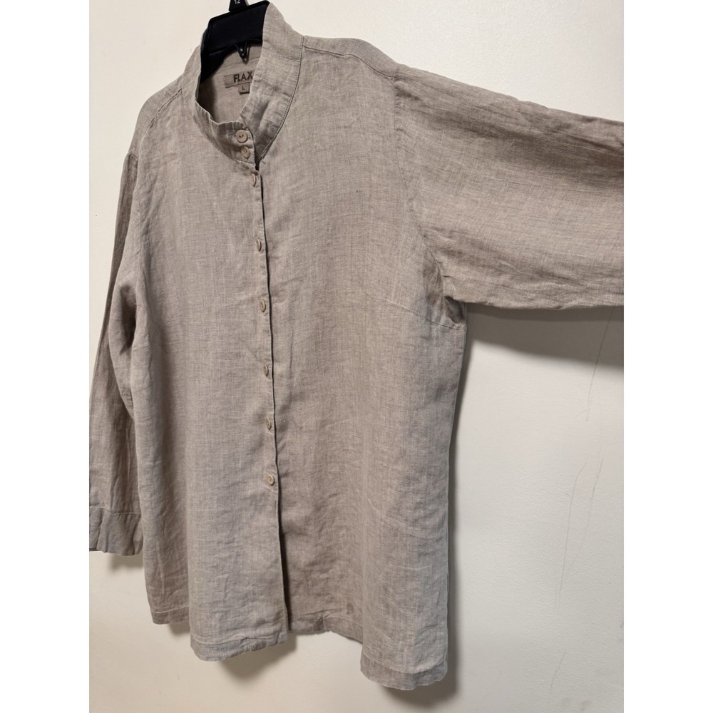 FLAX 100% Linen Button Front Top Mandarin Collar Women Size L Lagenlook - Picture 3 of 7